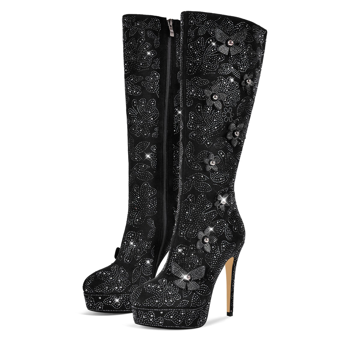 Platform Rhinestone Flower Knee High Boots | Onlymaker Trusted