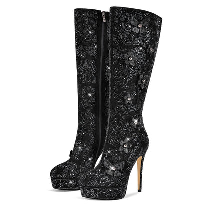 Platform Rhinestone Flower Knee High Boots | Onlymaker Trusted