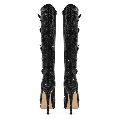Platform Rhinestone Flower Knee High Boots | Onlymaker Trusted