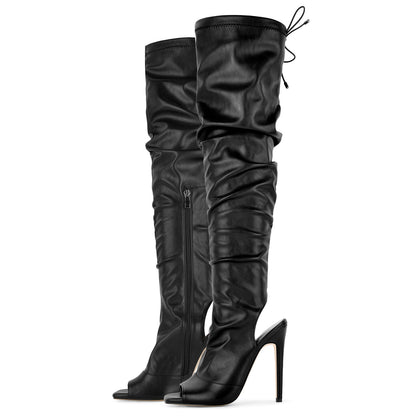 Open Square Toe Lace-up Thigh High Boots | Onlymaker Featured