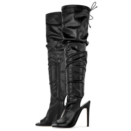 Open Square Toe Lace-up Thigh High Boots | Onlymaker Featured