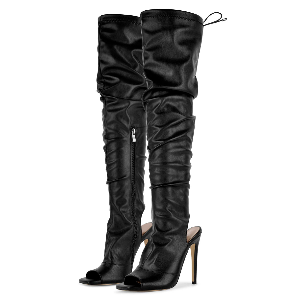 Open Square Toe Lace-up Thigh High Boots | Onlymaker Featured