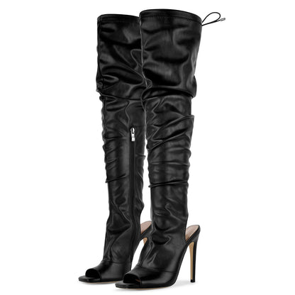 Open Square Toe Lace-up Thigh High Boots | Onlymaker Featured