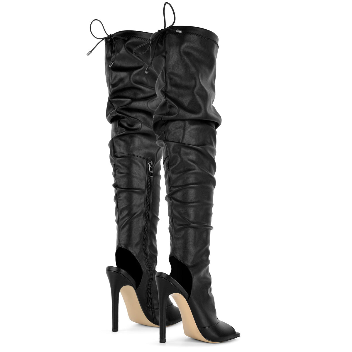 Open Square Toe Lace-up Thigh High Boots | Onlymaker Featured