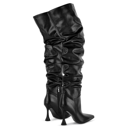 Pointed Toe Ruched Tapered Heel Thigh High Boots | Onlymaker Exclusive