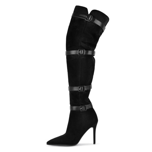 Suede Pointed Toe Buckle Strap Thigh High Boots | Onlymaker Essential