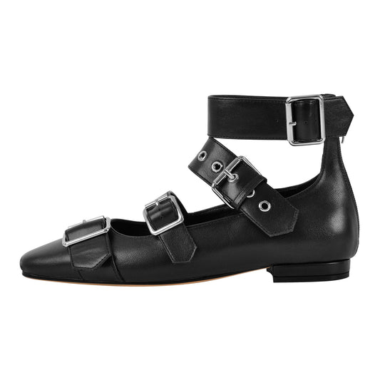 Square Toe Buckle Strap Flats | Onlymaker Classic