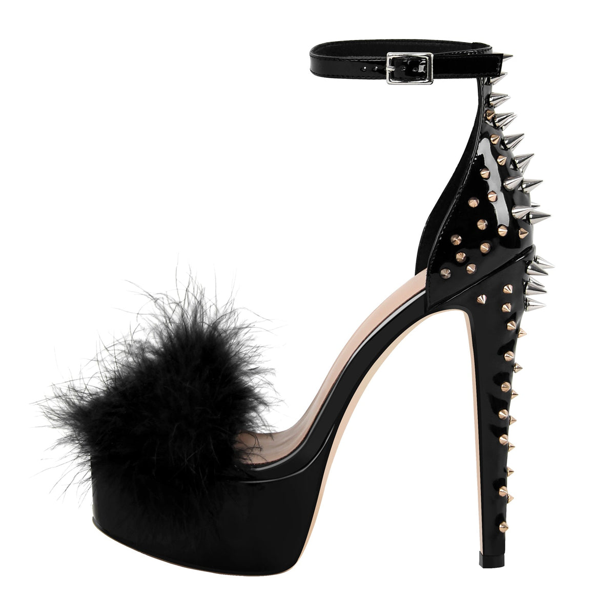 Fur Platform Rivet Ankle Strap Stiletto Sandals | Onlymaker Trusted
