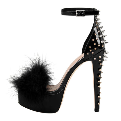 Fur Platform Rivet Ankle Strap Stiletto Sandals | Onlymaker Trusted