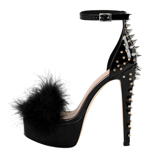 Fur Platform Rivet Ankle Strap Stiletto Sandals | Onlymaker Trusted
