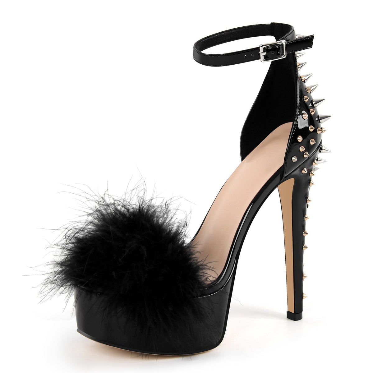 Fur Platform Rivet Ankle Strap Stiletto Sandals | Onlymaker Trusted