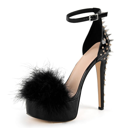Fur Platform Rivet Ankle Strap Stiletto Sandals | Onlymaker Trusted