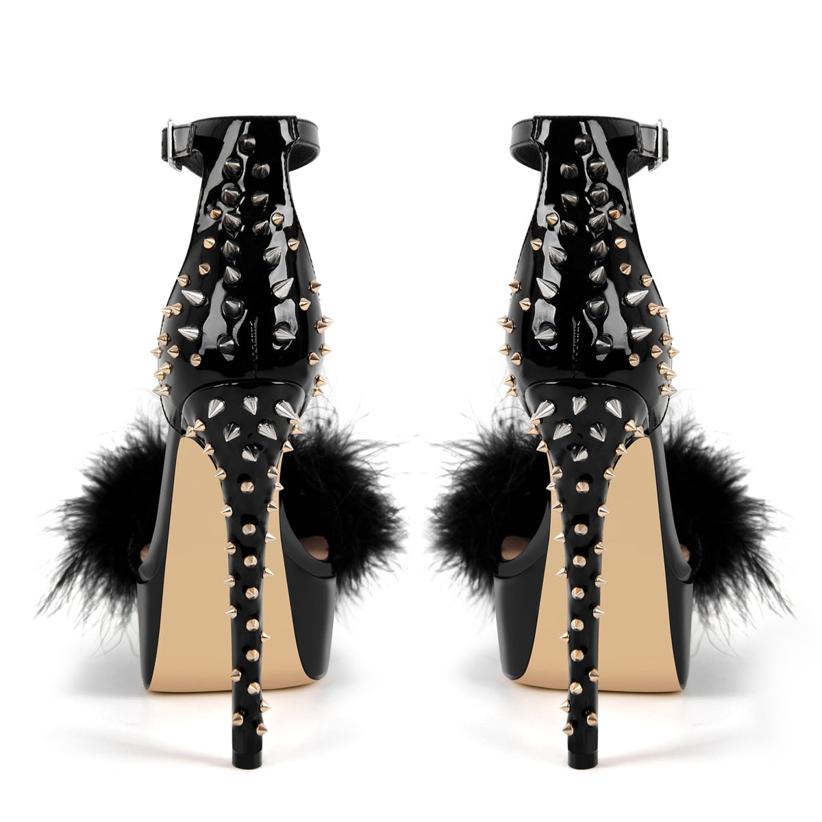 Fur Platform Rivet Ankle Strap Stiletto Sandals | Onlymaker Trusted