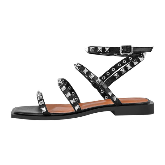 Rivet Square Toe Ankle Strap Flat Sandals | Onlymaker Great Value