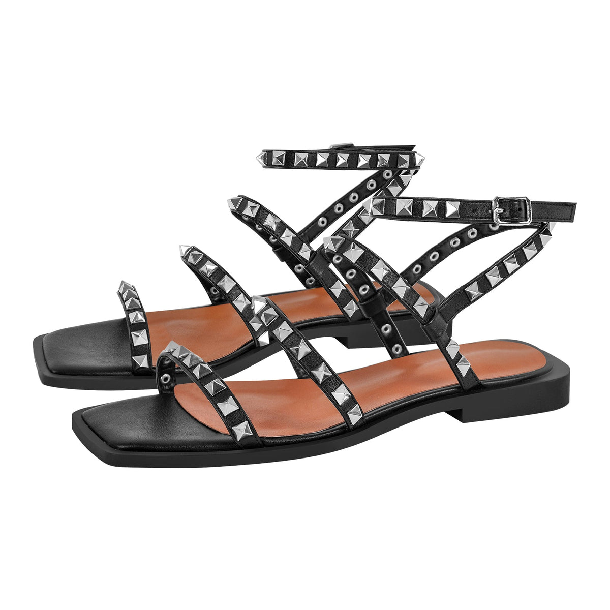 Rivet Square Toe Ankle Strap Flat Sandals | Onlymaker Great Value