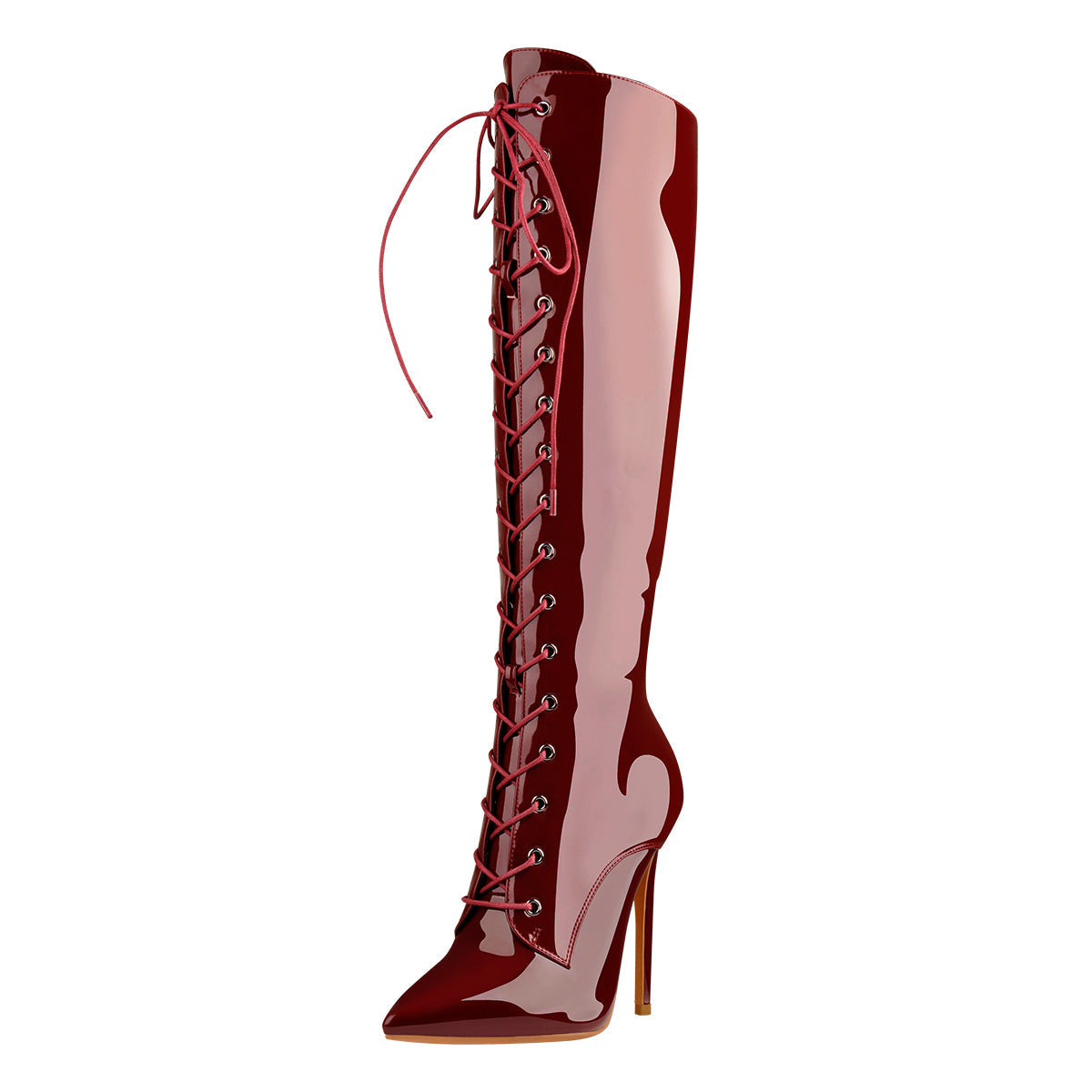 Burgundy Patent Leather Lace Up Knee High Boots | Onlymaker Customer Favorite