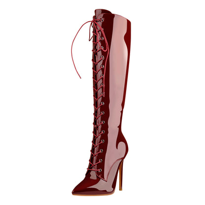 Burgundy Patent Leather Lace Up Knee High Boots | Onlymaker Customer Favorite
