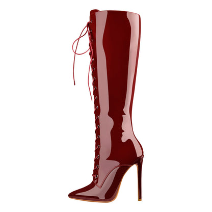Burgundy Patent Leather Lace Up Knee High Boots | Onlymaker Customer Favorite