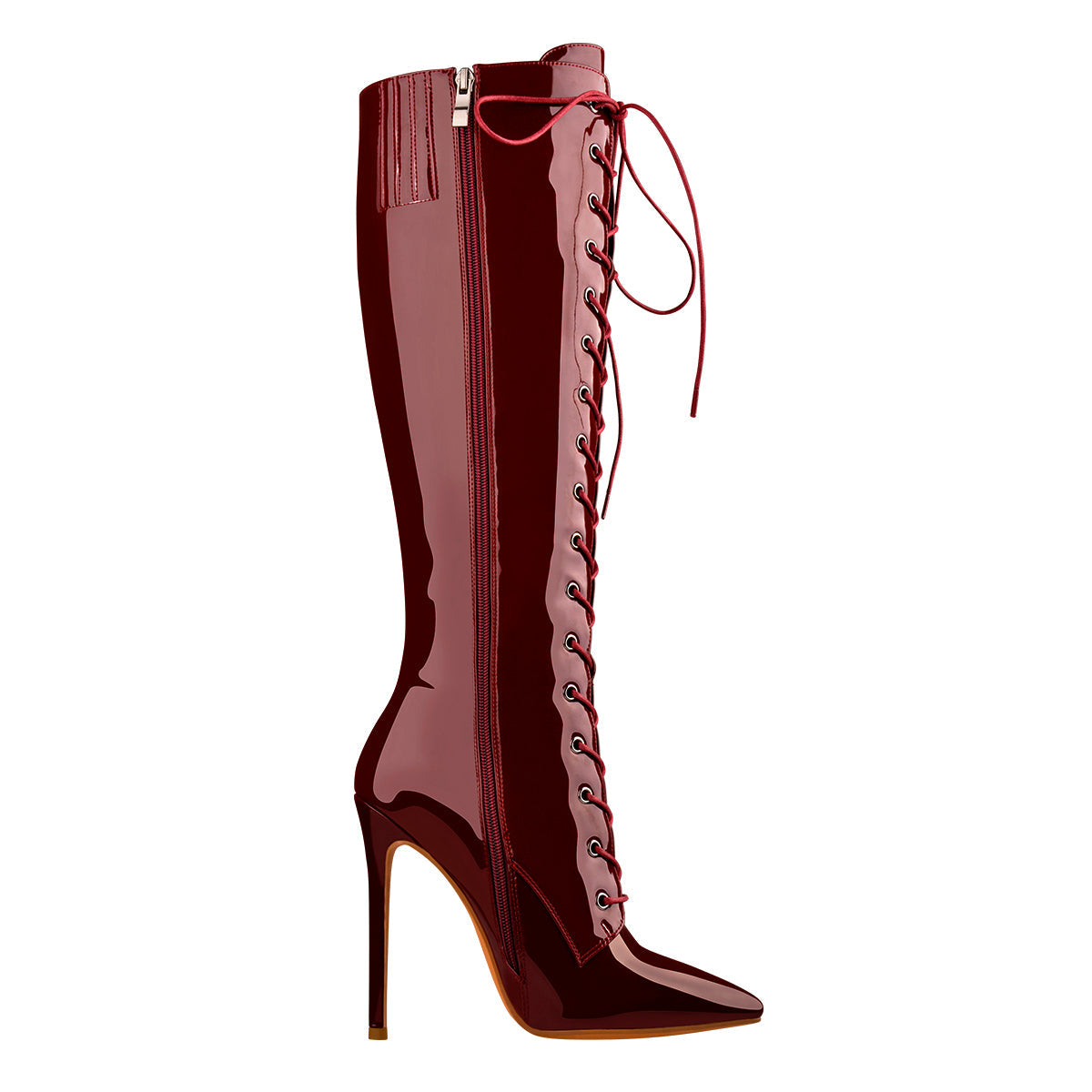 Burgundy Patent Leather Lace Up Knee High Boots | Onlymaker Customer Favorite