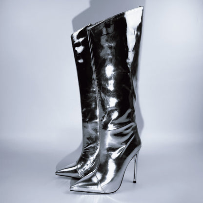 Metallic Leather Stiletto Knee High Boots | Onlymaker Everyday