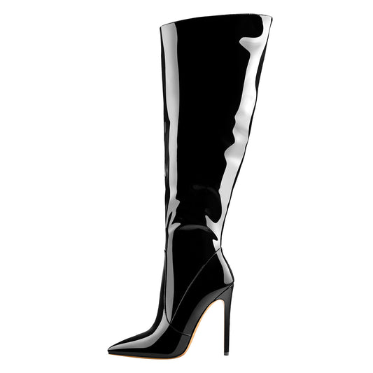 Black Patent Leather Zip Pointed Toe Knee High Boots | Onlymaker Value