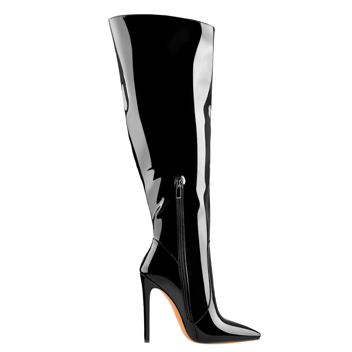 Black Patent Leather Zip Pointed Toe Knee High Boots | Onlymaker Value