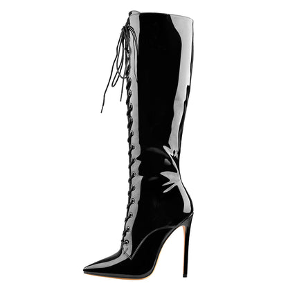 Black Patent Leather Lace Up Pointed Toe Knee High Boots | Onlymaker Smart Buy