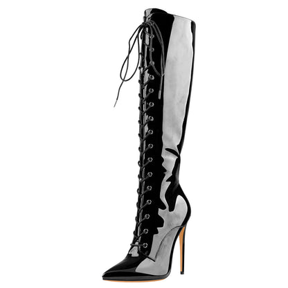 Black Patent Leather Lace Up Pointed Toe Knee High Boots | Onlymaker Smart Buy