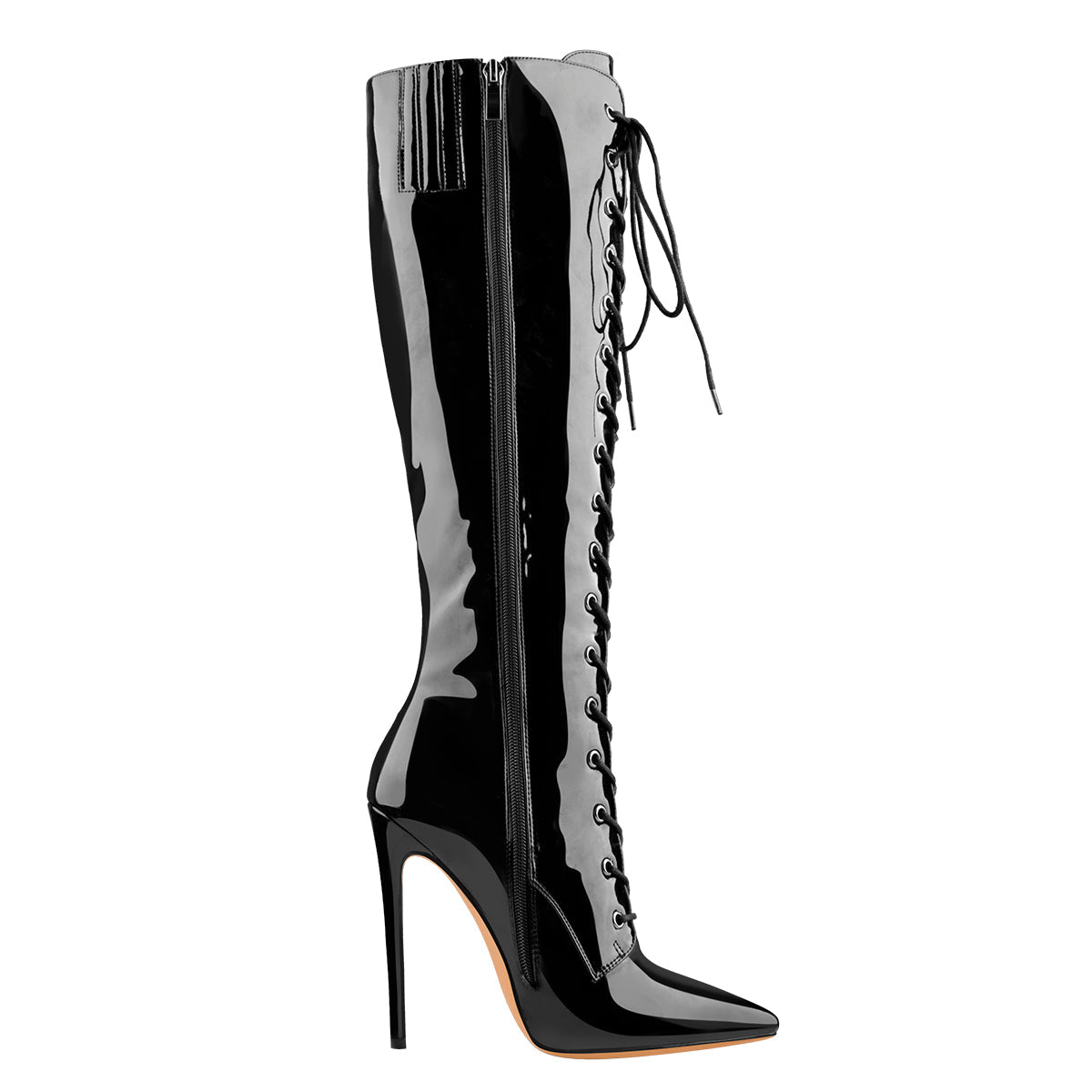 Black Patent Leather Lace Up Pointed Toe Knee High Boots | Onlymaker Smart Buy