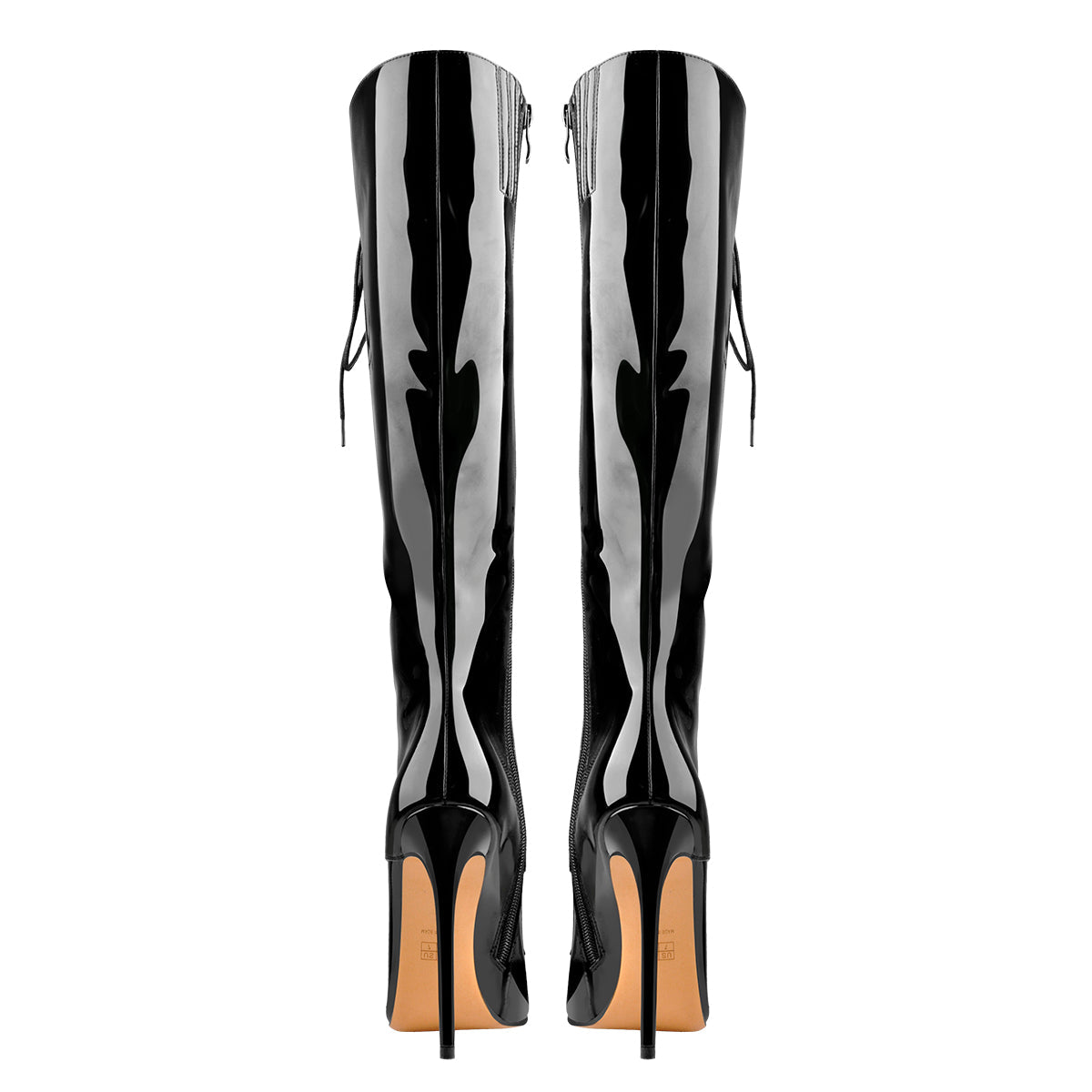 Black Patent Leather Lace Up Pointed Toe Knee High Boots | Onlymaker Smart Buy