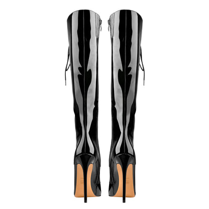 Black Patent Leather Lace Up Pointed Toe Knee High Boots | Onlymaker Smart Buy