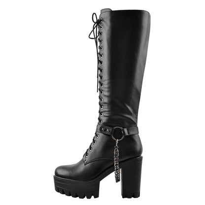 Black Platform Knee High Chunky Heel Boots | Onlymaker Latest
