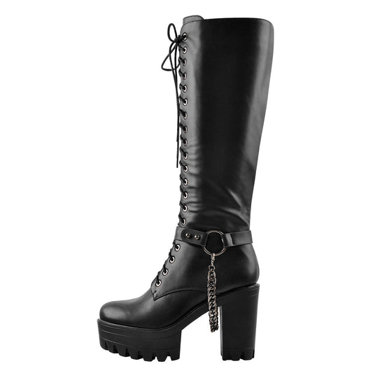 Black Platform Knee High Chunky Heel Boots | Onlymaker Latest