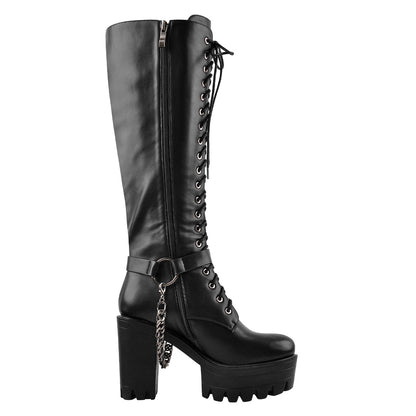 Black Platform Knee High Chunky Heel Boots | Onlymaker Latest