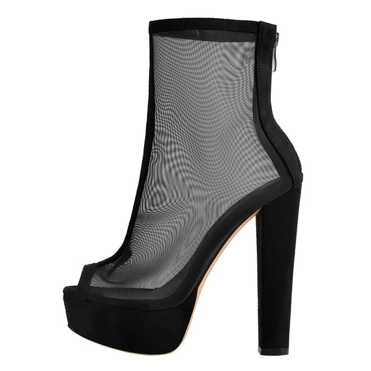 Mesh Peep Toe Platform Chunky High Heel Sandals Boots | Onlymaker Essential