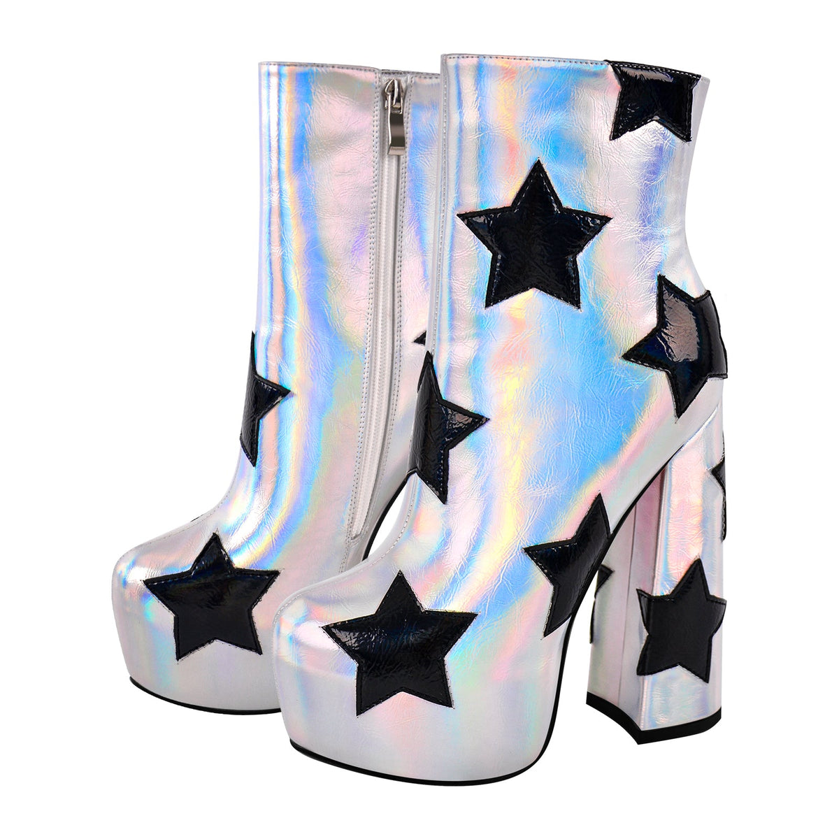 Platform Round Toe Chunky Heel Silver Star Boots | Onlymaker Trending