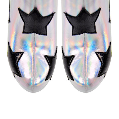 Platform Round Toe Chunky Heel Silver Star Boots | Onlymaker Trending