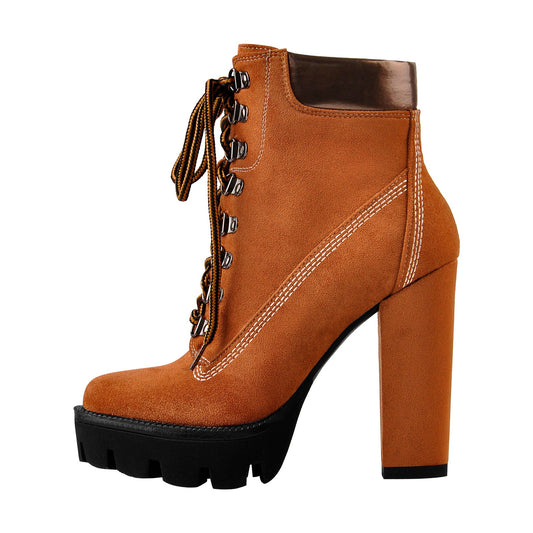 Brown Round Toe Platform Lace Chunky High Heels Ankle Boots | Onlymaker Popular