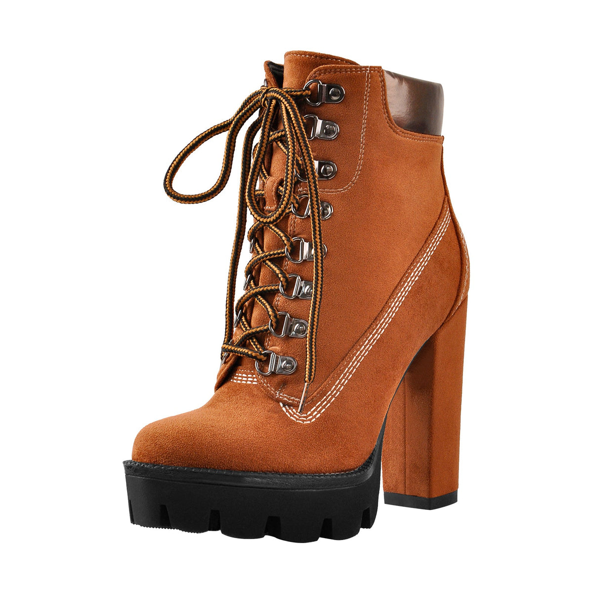 Brown Round Toe Platform Lace Chunky High Heels Ankle Boots | Onlymaker Popular