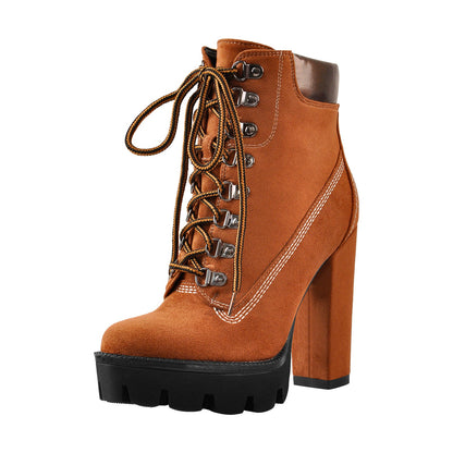Brown Round Toe Platform Lace Chunky High Heels Ankle Boots | Onlymaker Popular