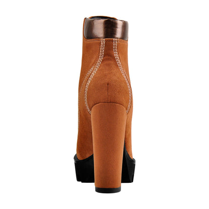 Brown Round Toe Platform Lace Chunky High Heels Ankle Boots | Onlymaker Popular