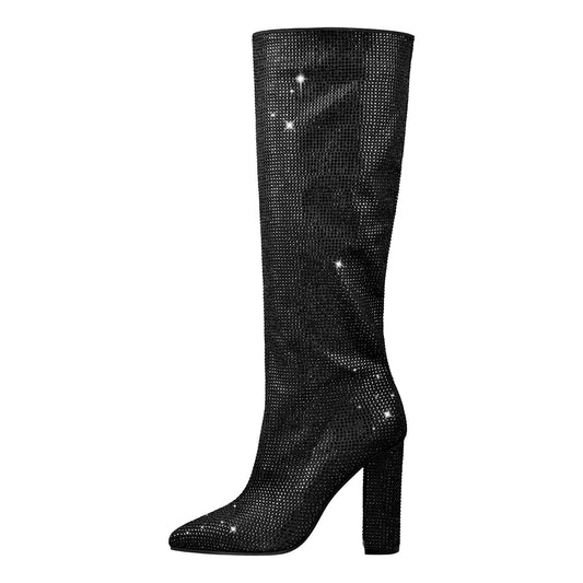 Pointed toe Chunky Heels Rhinestone Knee High Boots | Onlymaker Smart Buy