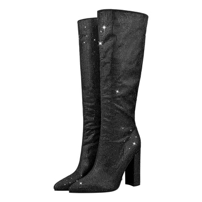 Pointed toe Chunky Heels Rhinestone Knee High Boots | Onlymaker Smart Buy