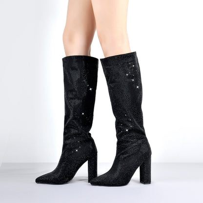 Pointed toe Chunky Heels Rhinestone Knee High Boots | Onlymaker Smart Buy