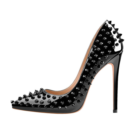 Pointed Toe Rivets Pumps Black Patent Leather Studded High Heels Pumps | Onlymaker Special Offer
