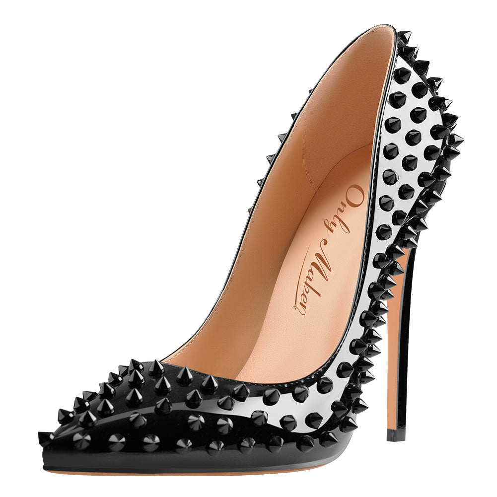 Pointed Toe Rivets Pumps Black Patent Leather Studded High Heels Pumps | Onlymaker Special Offer
