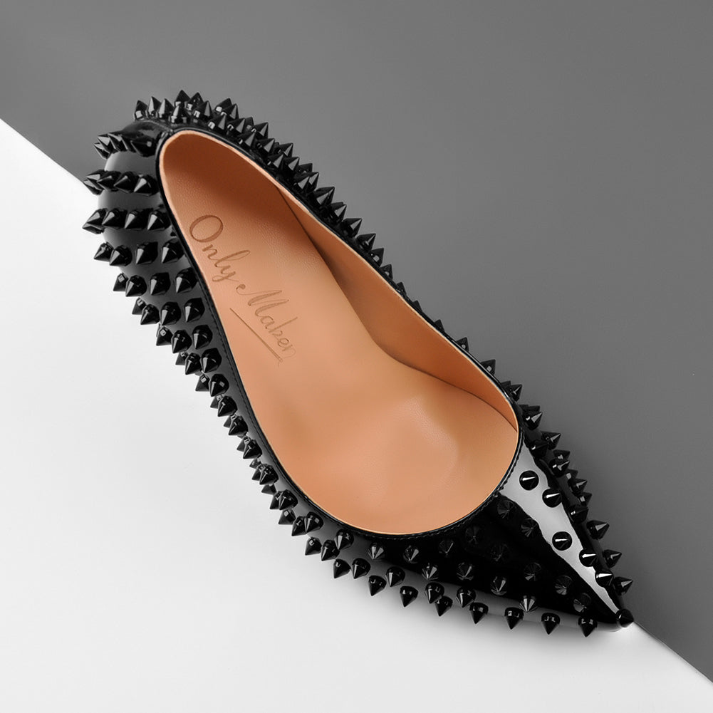 Pointed Toe Rivets Pumps Black Patent Leather Studded High Heels Pumps | Onlymaker Special Offer