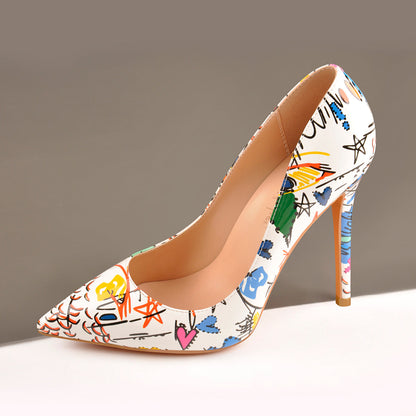 Graffiti Colorful Stiletto Pointed Toe 12cm High Heels Pumps | Onlymaker New