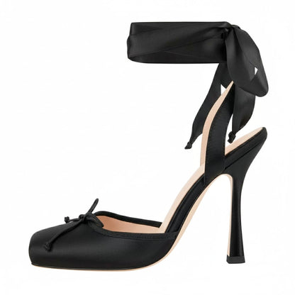 Square Toe Bow Satin Ankle Strap Pumps | Onlymaker Trusted