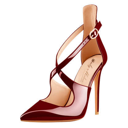 Patent Leather Pointed Toe Cross Strap High Heel Pumps | Onlymaker Great Value